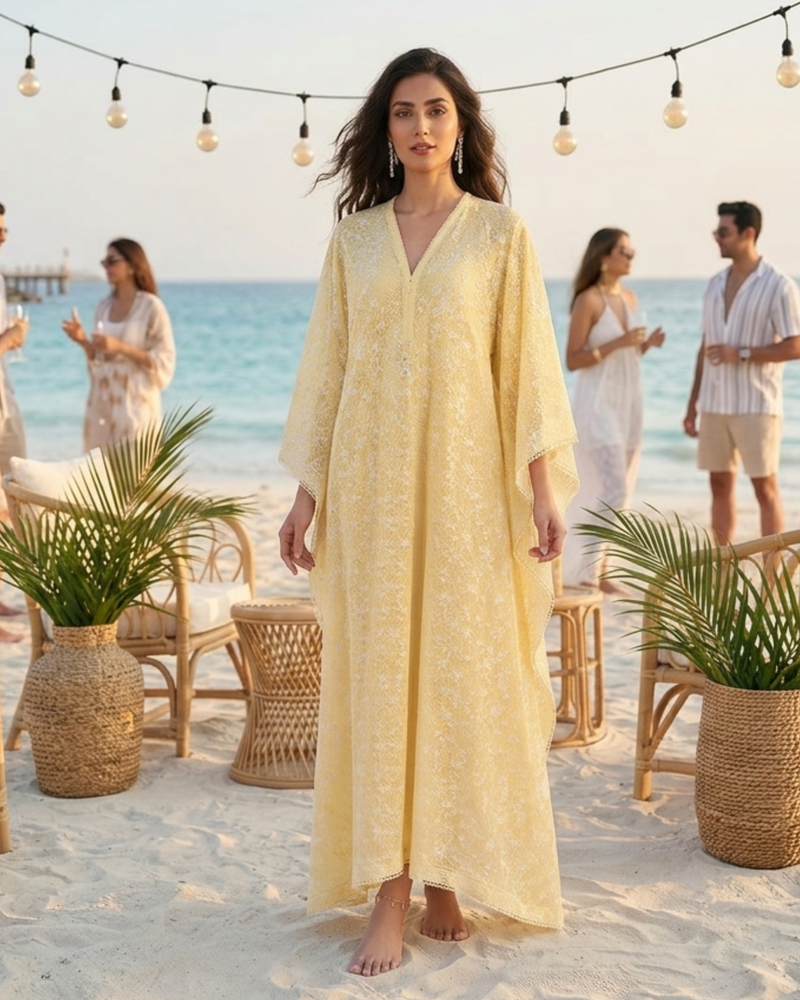 Saffron Chikankari Kaftan Dress